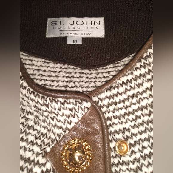 ST JOHN COLLECTION 10 BROWN TWEED BOUCLE SOFT LAMBS LEATHER LOGO BUTTONS JACKET - Picture 8 of 9